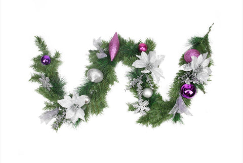 6' Pre-Decorated Silver Poinsettia, Eucalyptus and Purple Ornament Artificial Christmas Garland - Unlit