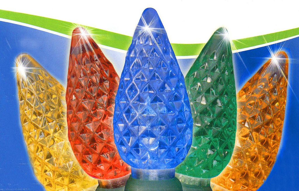 Set of 50 Faceted Multi Color LED C6 Christmas Lights - Green Wire