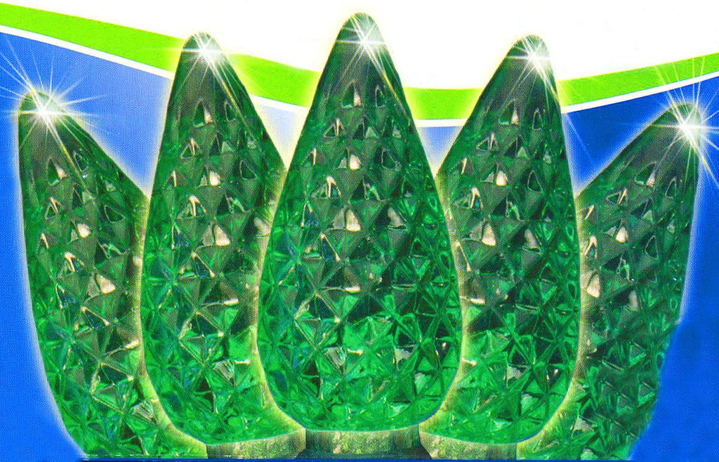 Set of 50 Faceted Green LED C6 Christmas Lights - Green Wire