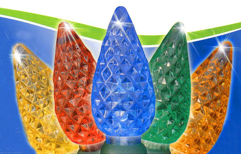 Set of 100 Faceted Multi Color LED C6 Christmas Lights - Green Wire