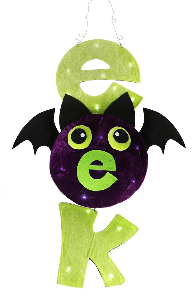 31" LED Lighted Lime Green and Purple "EEK" Spooky Bat Hanging Halloween Decoration