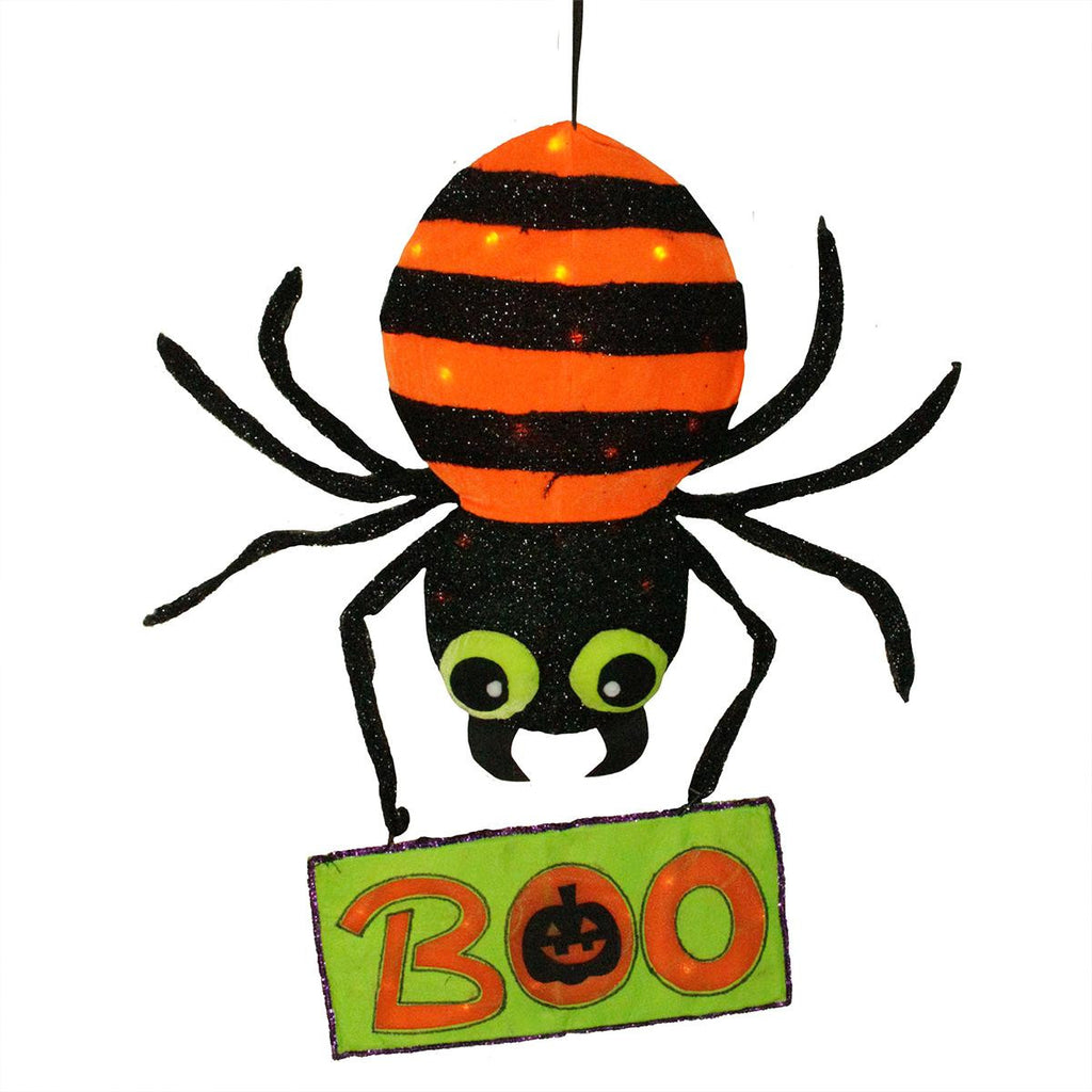 44" LED Lighted Orange & Black Striped Creepy Tinsel Spider with Boo Sign Hanging Halloween Decoration