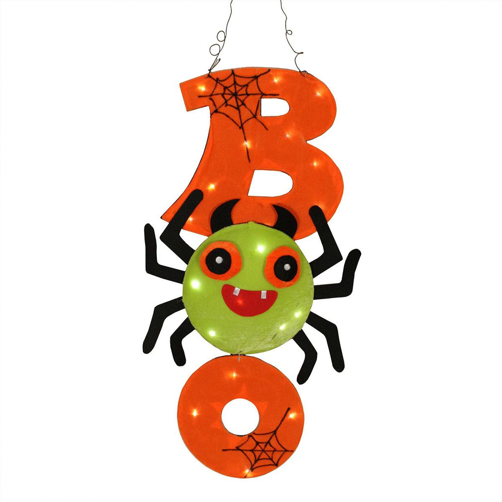 30" LED Lighted Orange and Lime Green "BOO" Creepy Spider Hanging Halloween Decoration