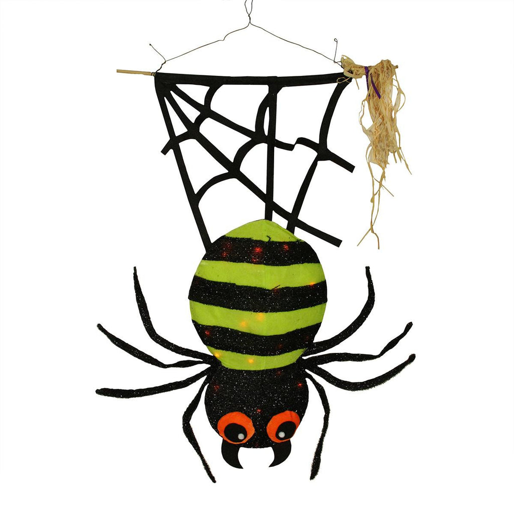 31" LED Lighted Lime Green and Black Striped Creepy Tinsel Hanging Spider Halloween Decoration