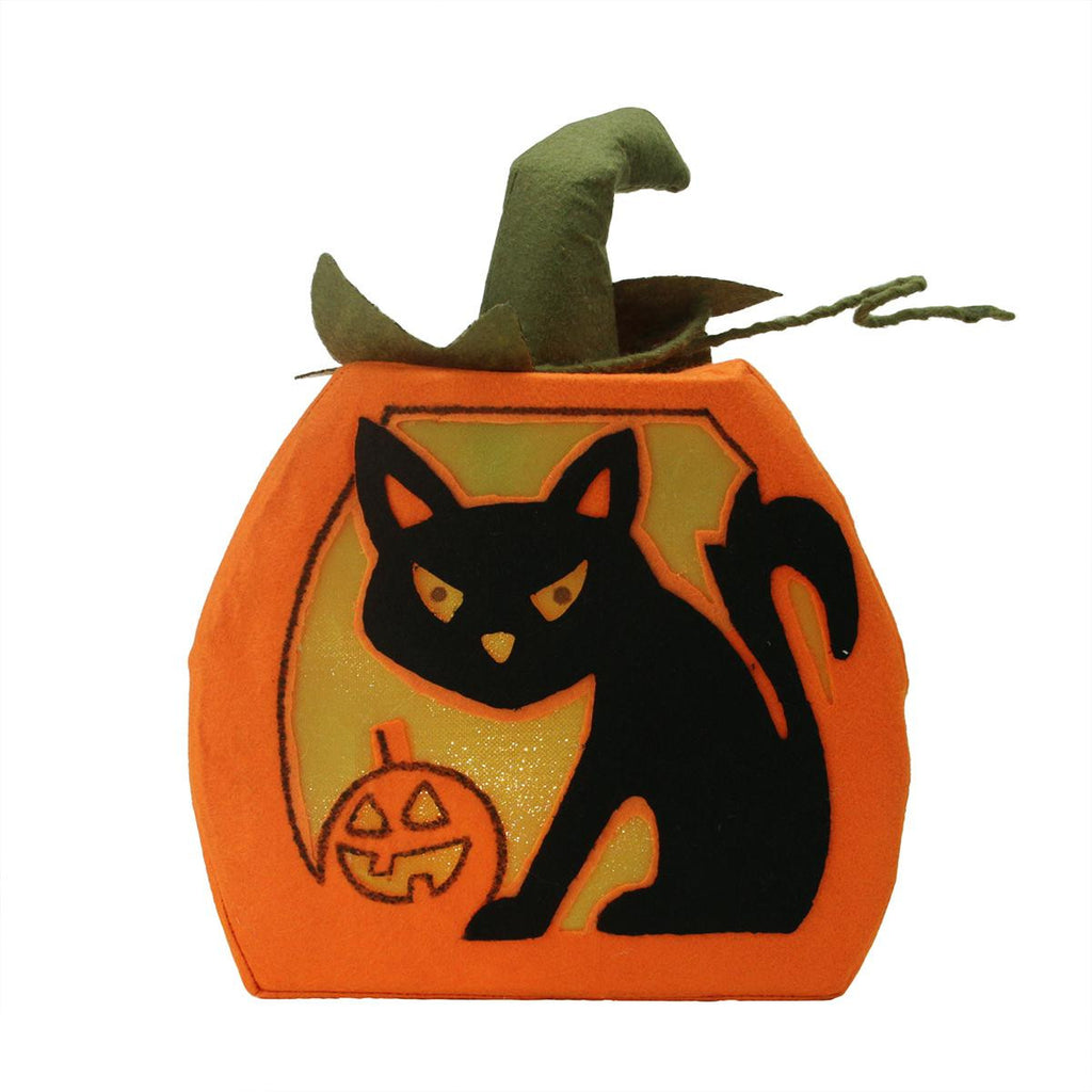 12.5" LED Lighted Orange Felt Black Cat and Jack-o-Lantern Pumpkin Halloween Decoration