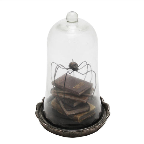 10.25" Creepy Black Spider with Books Decorative Halloween Dome Cloche