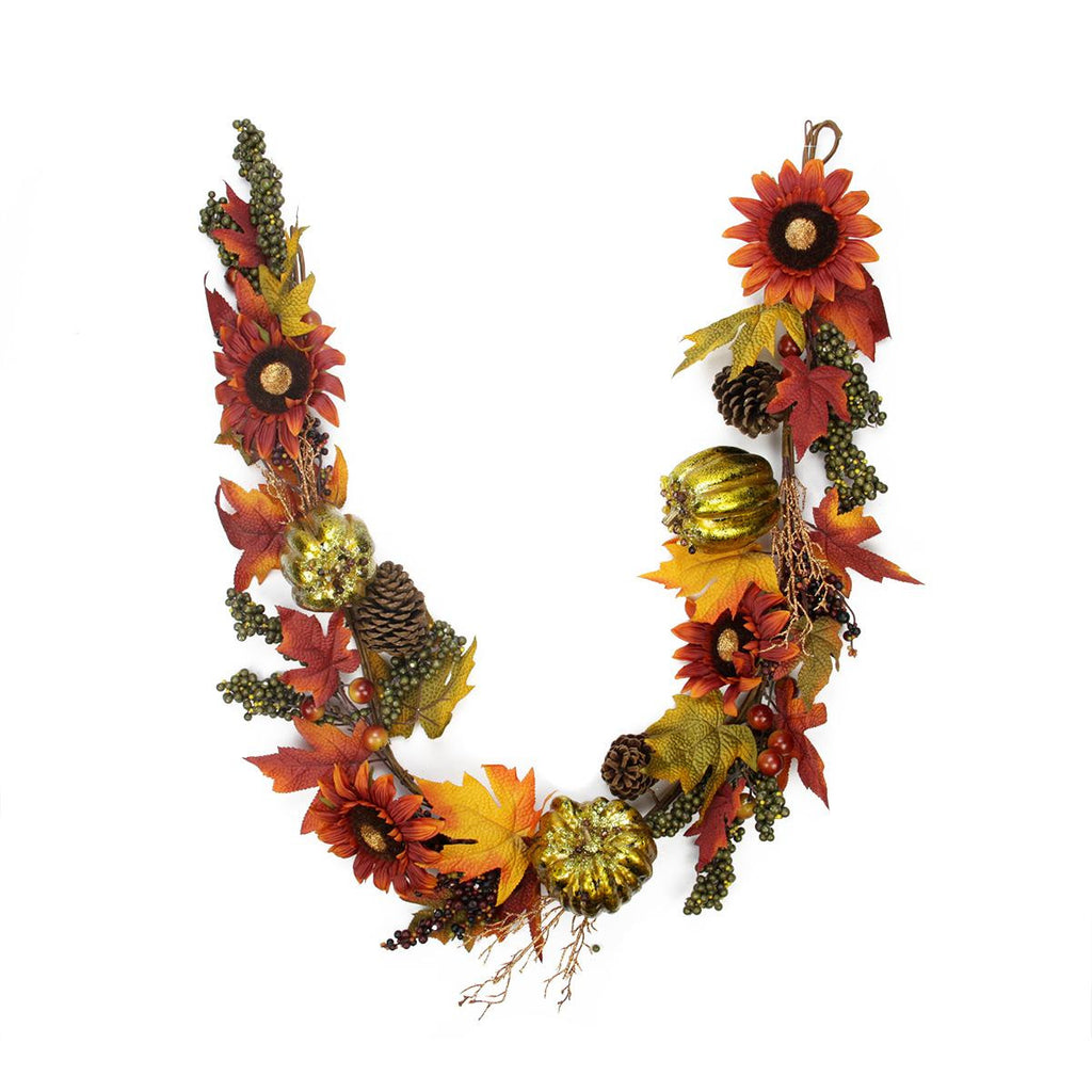 5' Gold Pumpkin and Red Sunflower Autumn Harvest Artificial Thanksgiving Garland - Unlit