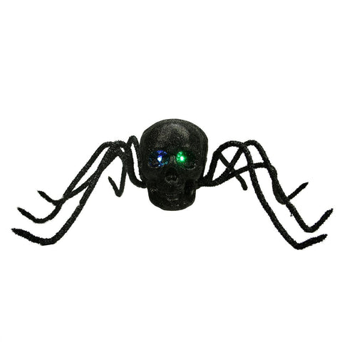 25" Battery Operated LED Lighted Black Glitter and Tinsel Skull Spider Halloween Decoration