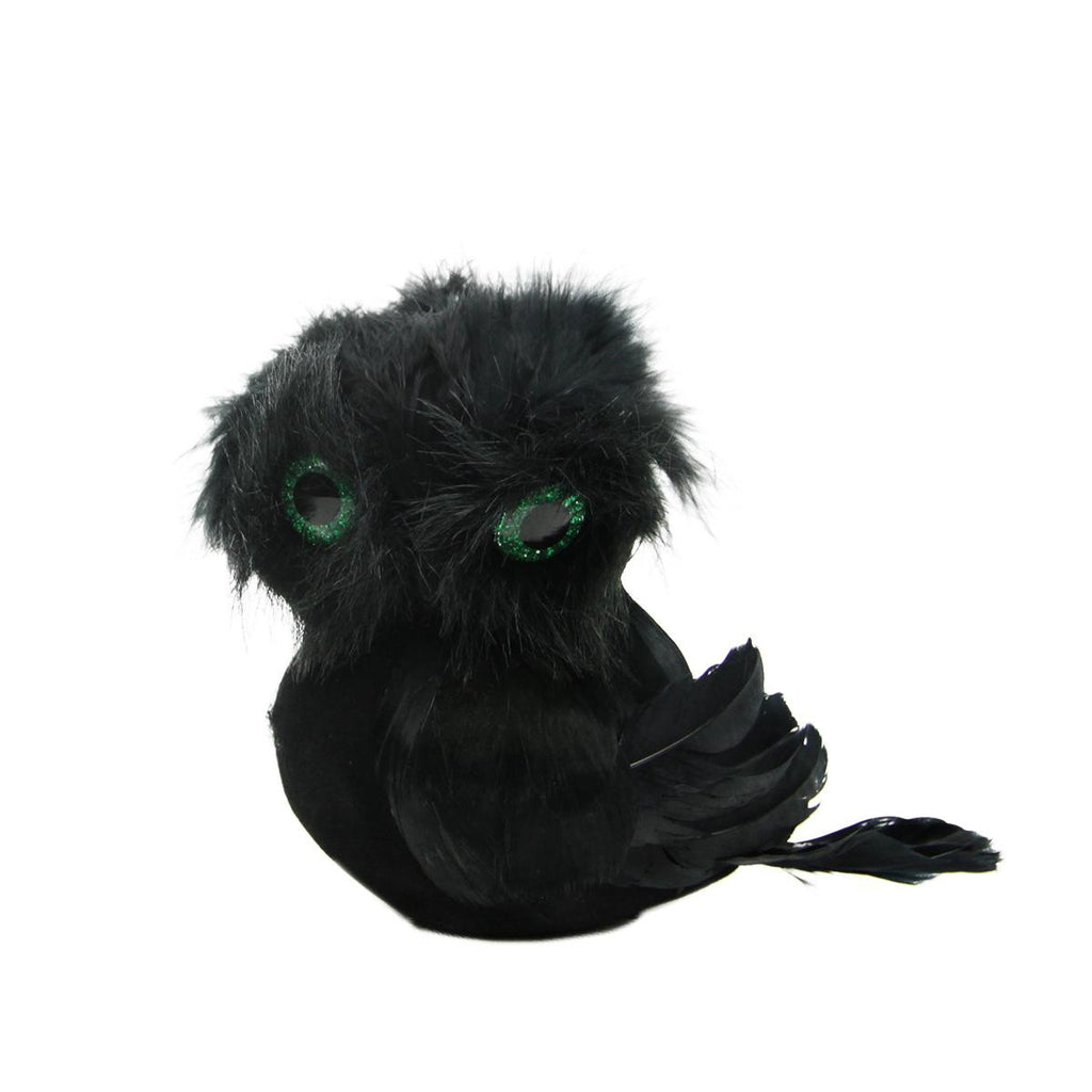 5.75" Spooktacular Black Fur and Feathered Owl Halloween Decoration