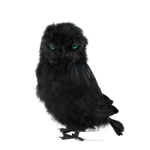 14.5" Spooktacular Black Fur and Feathered Owl Halloween Decoration