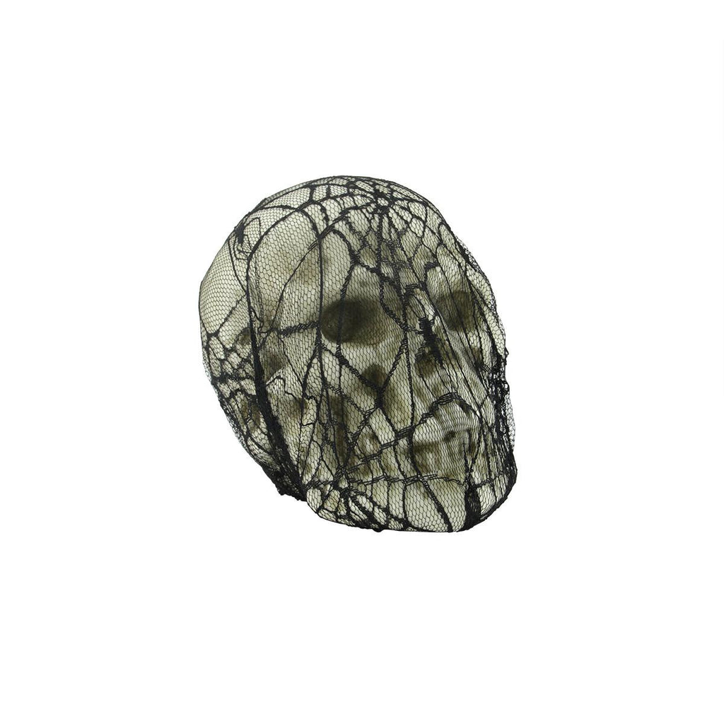 8" Spooky Black Spider Web Lace Covered Skull Halloween Table Top Decoration