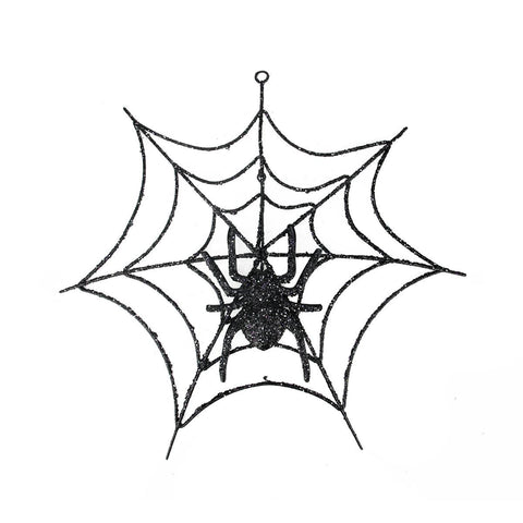 14" Black Glitter Embellished Spider and Cob Web Hanging Halloween Ornament Decoration