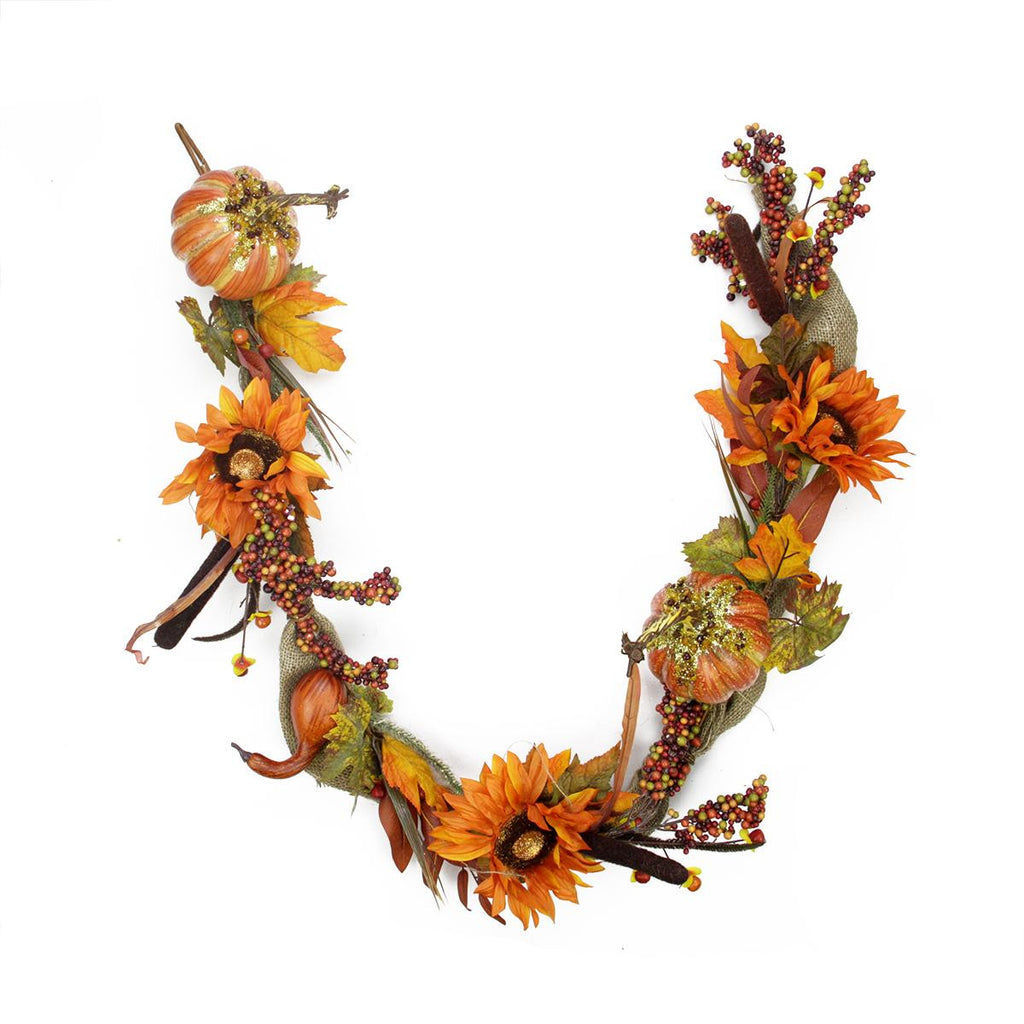 5' Gourd and Orange Sunflower Harvest Gathering Artificial Thanksgiving Garland - Unlit