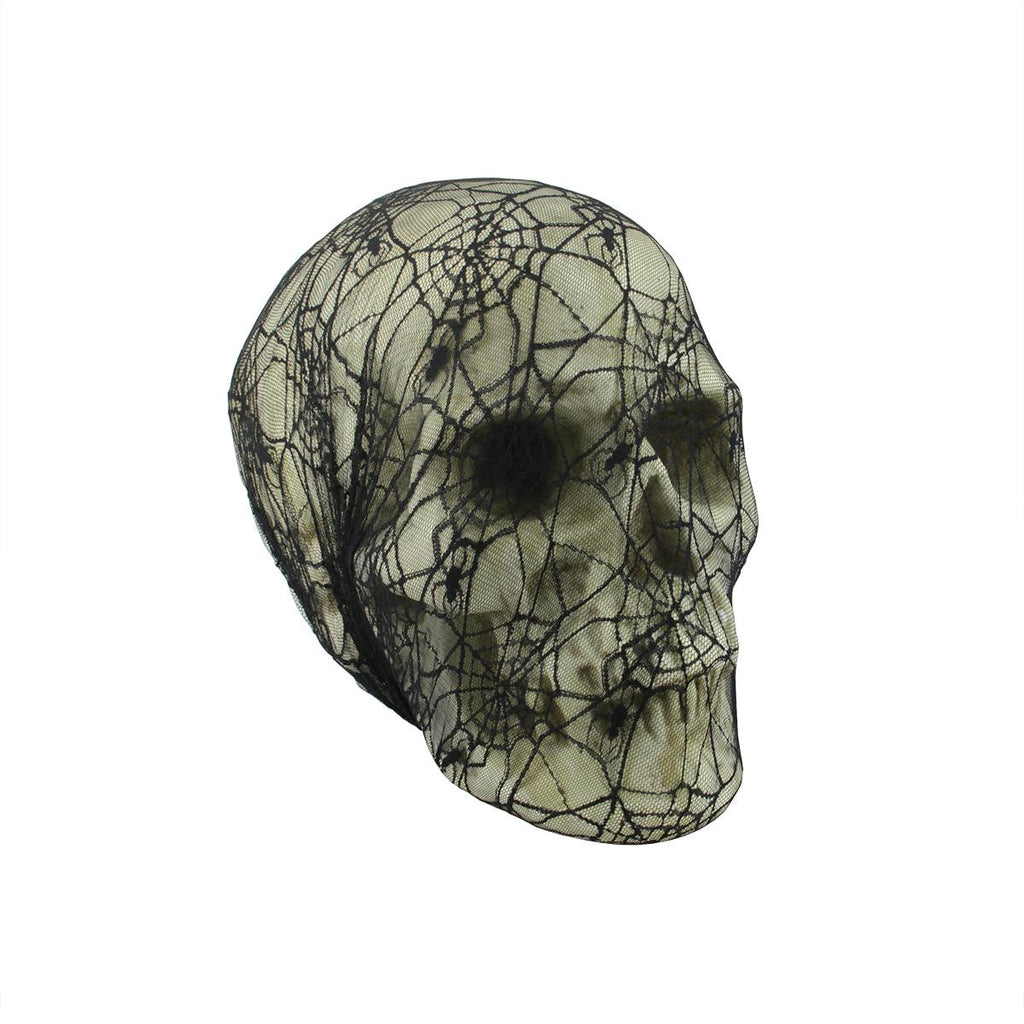 15.5" Spooky Black Spider Web Lace Covered Skull Halloween Decoration