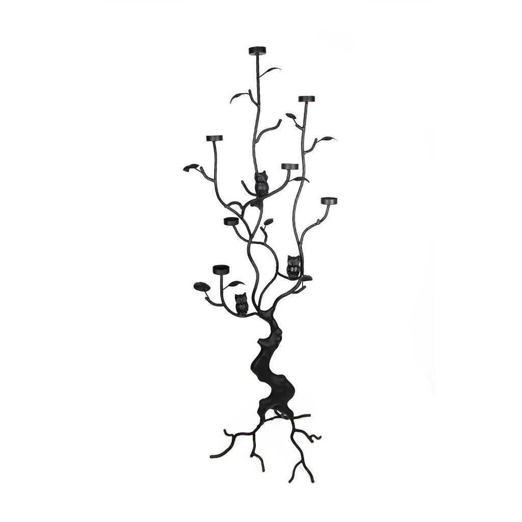 45" Black Halloween Twig Tree with Owls Tea Light Candle Holder