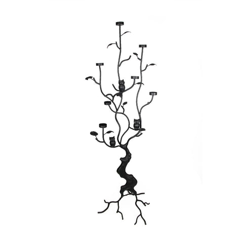 45" Black Halloween Twig Tree with Owls Tea Light Candle Holder