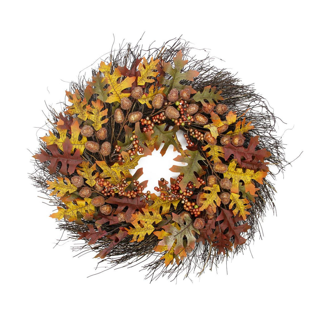 25" Glittered Acorn and Hawthorne Leaf Artificial Thanksgiving Wreath - Unlit