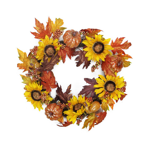 22" Harvest Sunflower and Pumpkin Artificial Thanksgiving Wreath - Unlit