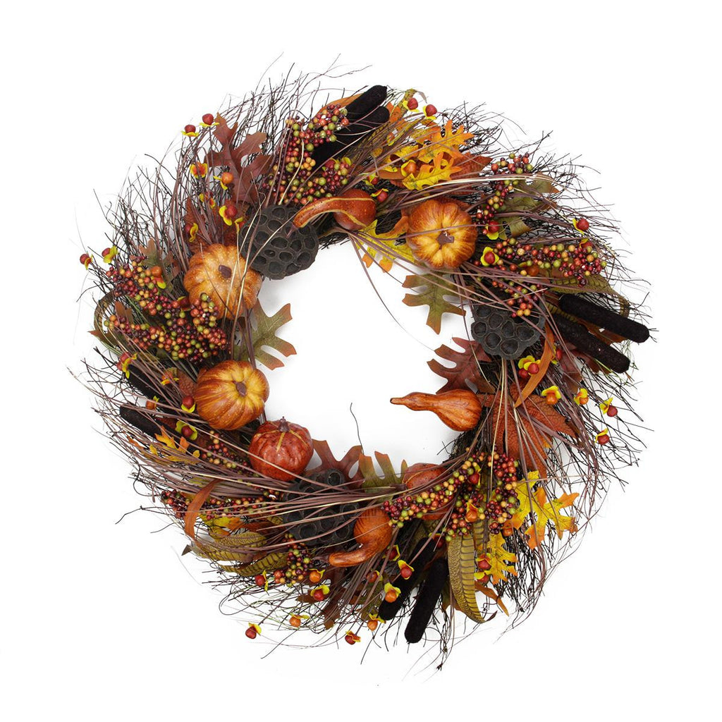 28" Cattail and Dried Lotus Root Autumn Fields Artificial Thanksgiving Wreath - Unlit