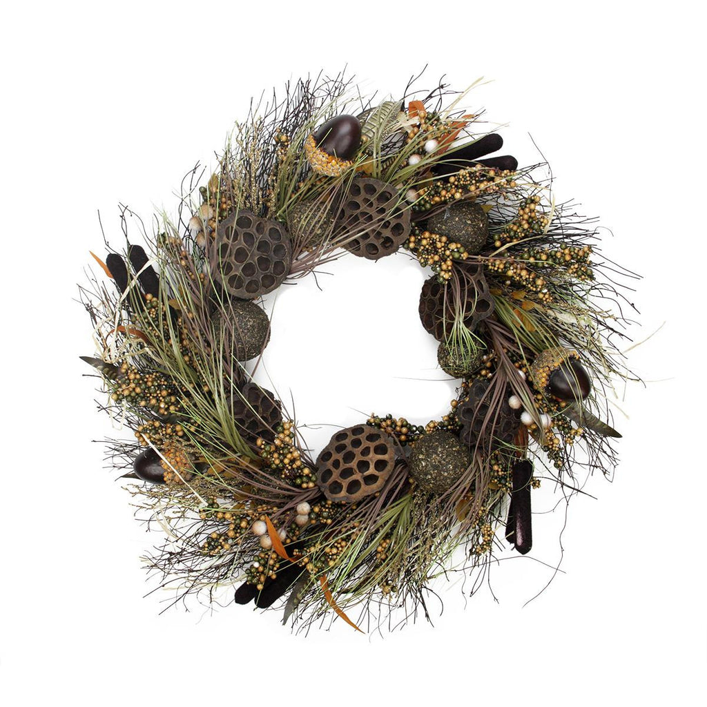 30" Dried Lotus Root and Cattail Woodland Harvest Artificial Thanksgiving Wreath - Unlit