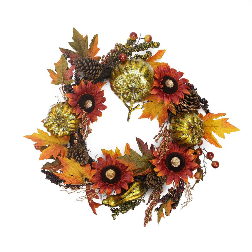 24" Gold Pumpkin and Red Sunflower Autumn Harvest Artificial Thanksgiving Wreath - Unlit