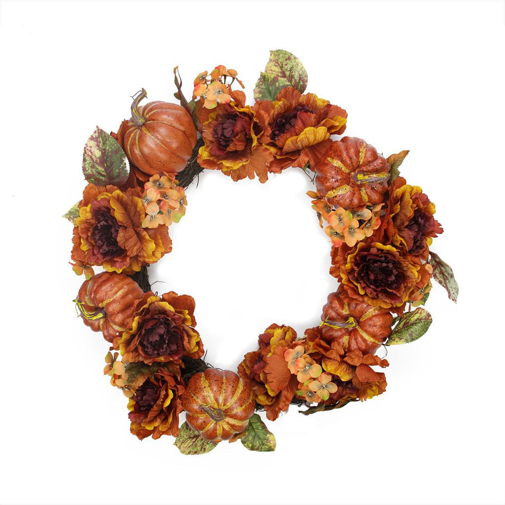 24" Autumn Floral and Harvest Pumpkin Artificial Thanksgiving Wreath - Unlit