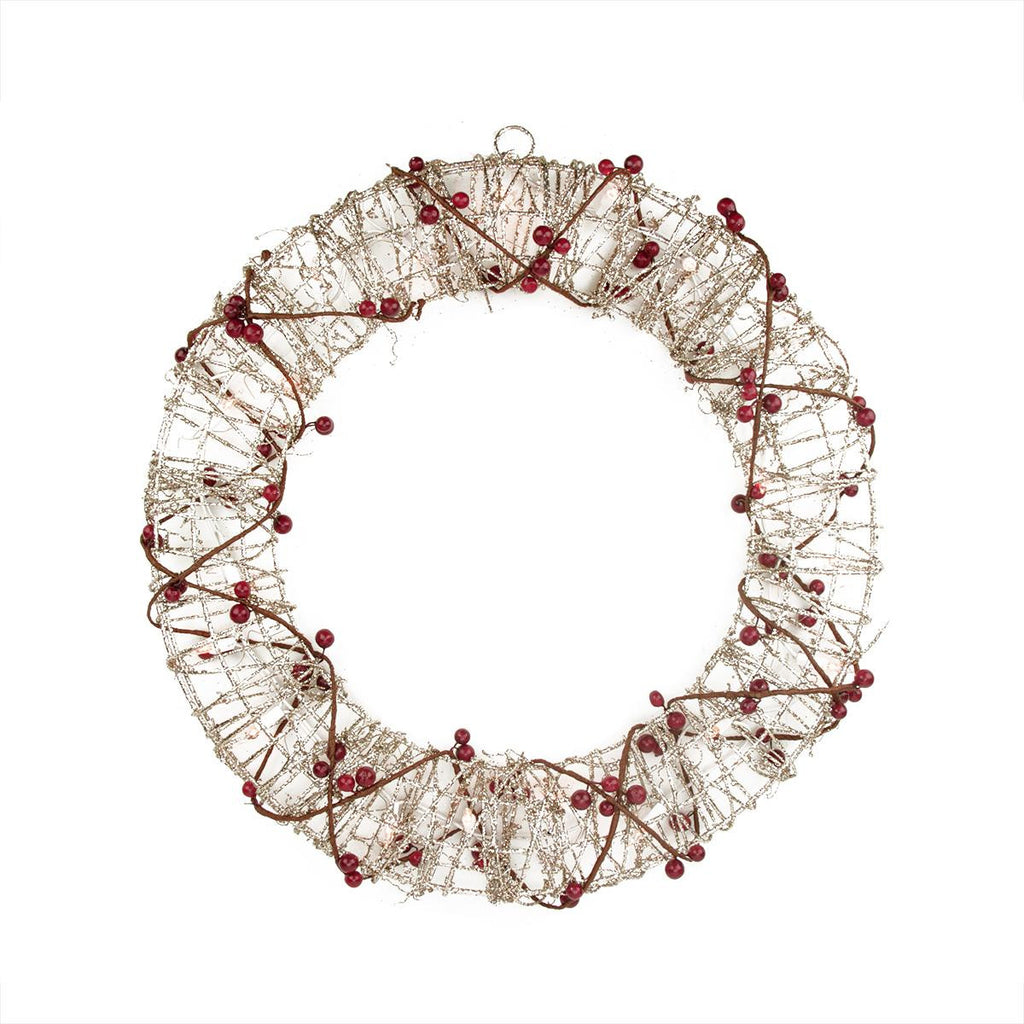 18" Pre-Lit Champagne Gold Glittered Rattan Berry Artificial Christmas Wreath - Clear Lights