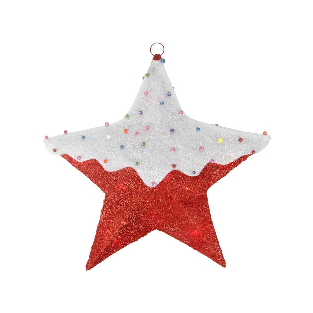 18" Lighted Snow Covered Candy Red Sisal Hanging Christmas Star Window Decoration