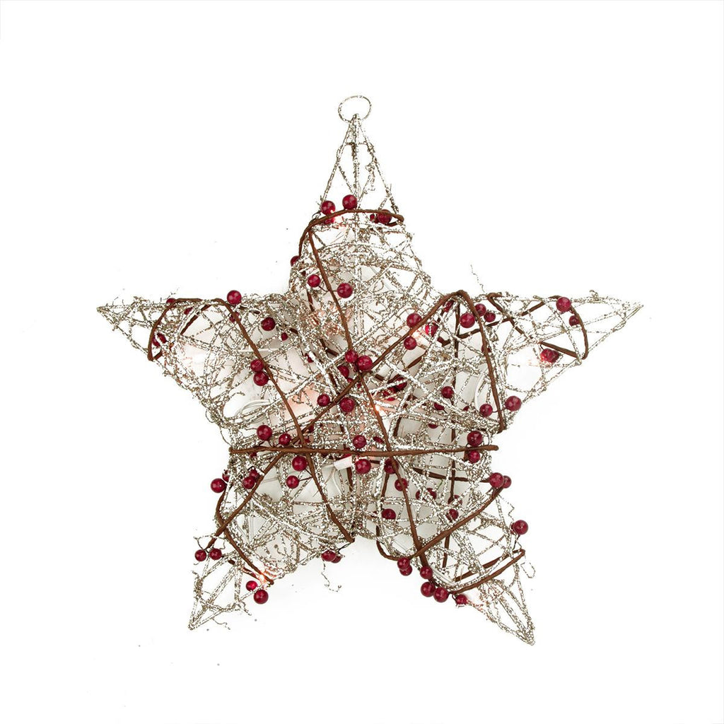 18" Lighted Champagne Gold Glittered Rattan Berry Hanging Star Christmas Window Decoration