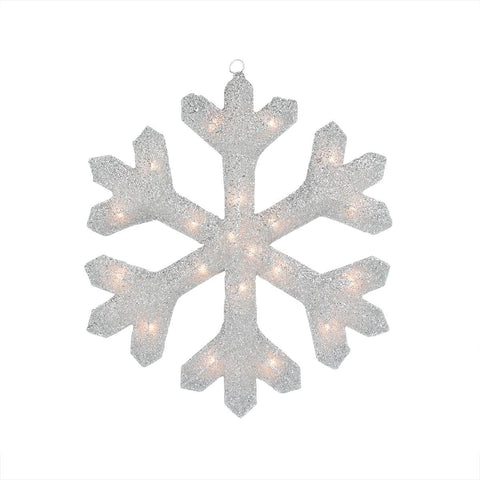 19.5" Lighted Silver Tinsel Snowflake Christmas Yard Art or Window Decoration