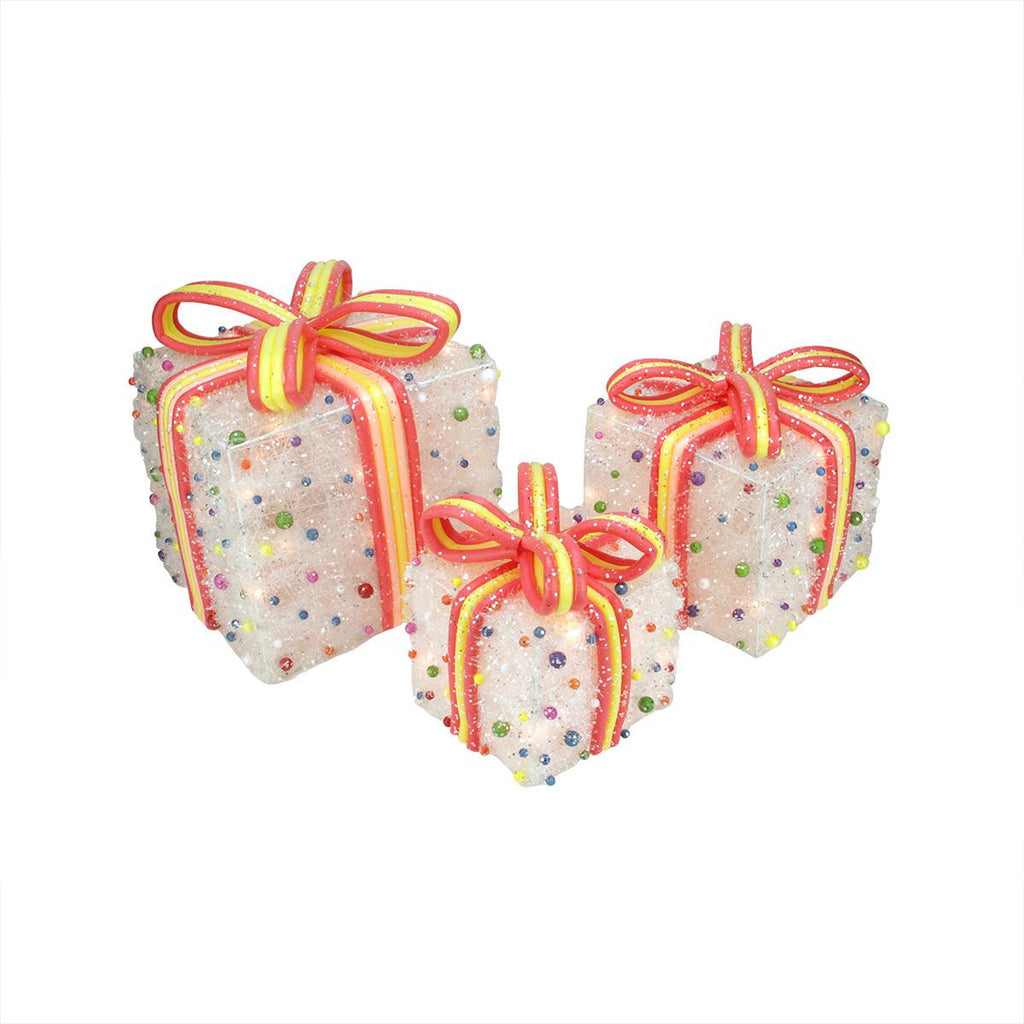 Set of 3 White Tinsel Gift Boxes with Candy Bows Lighted Christmas Yard Art Decorations