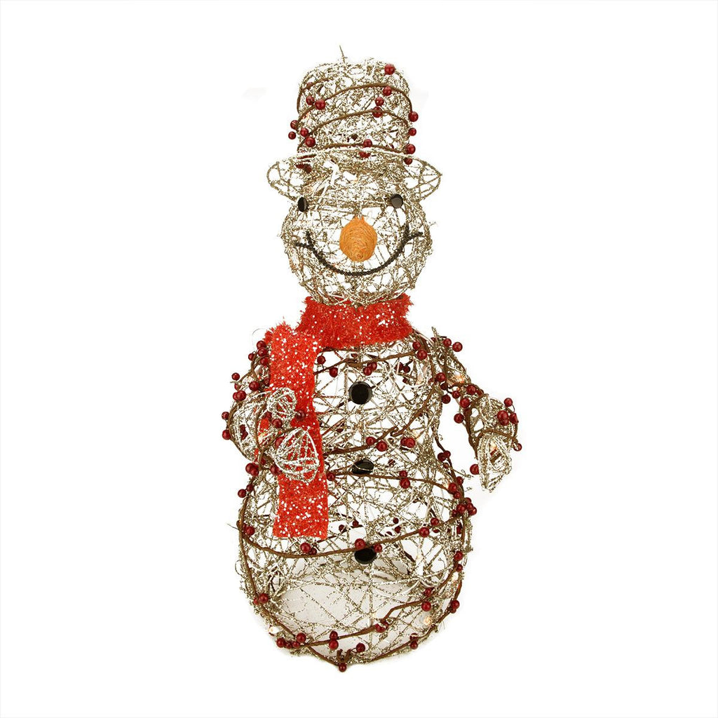 28" Lighted Champagne Gold Glittered Rattan Berry Snowman Christmas Yard Art Decoration