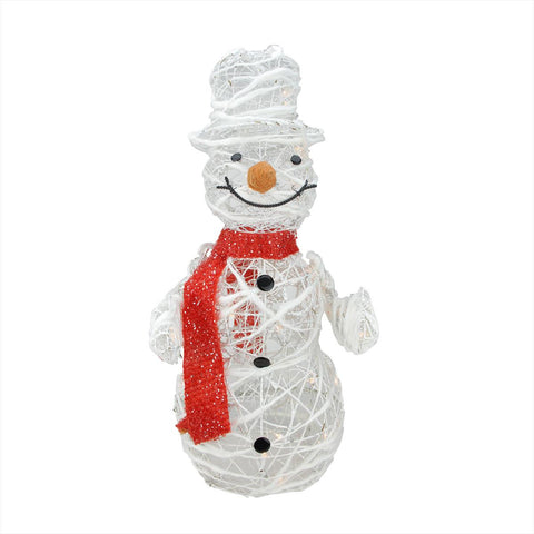 28" Lighted White Glittered Rattan Snowman Christmas Yard Art Decoration