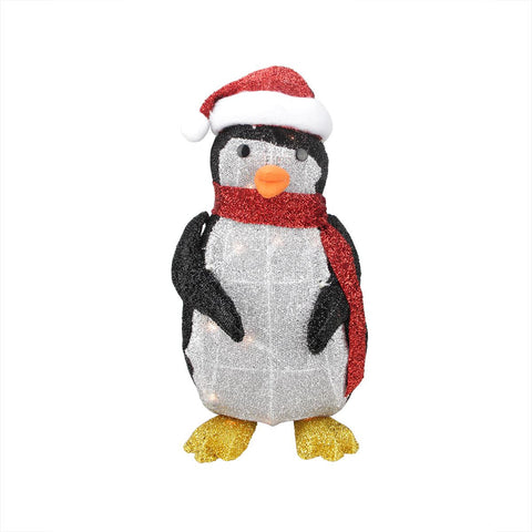 19.5" Lighted Tinsel Penguin with Santa Hat Christmas Yard Art Decoration