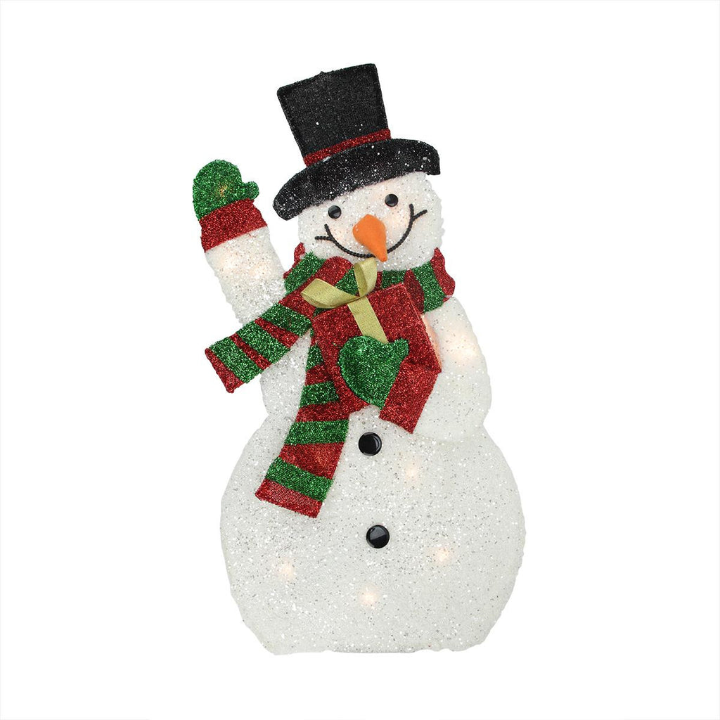 32" Lighted Plush Tinsel Waving Snowman with Gift Christmas Yard Art Decoration