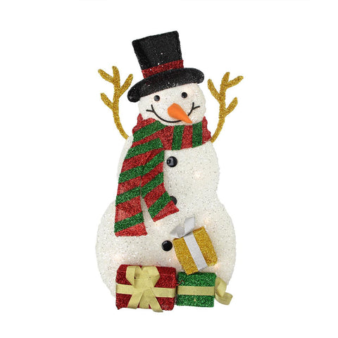 31.5" Lighted Plush Tinsel Snowman with Gift Christmas Yard Art Decoration