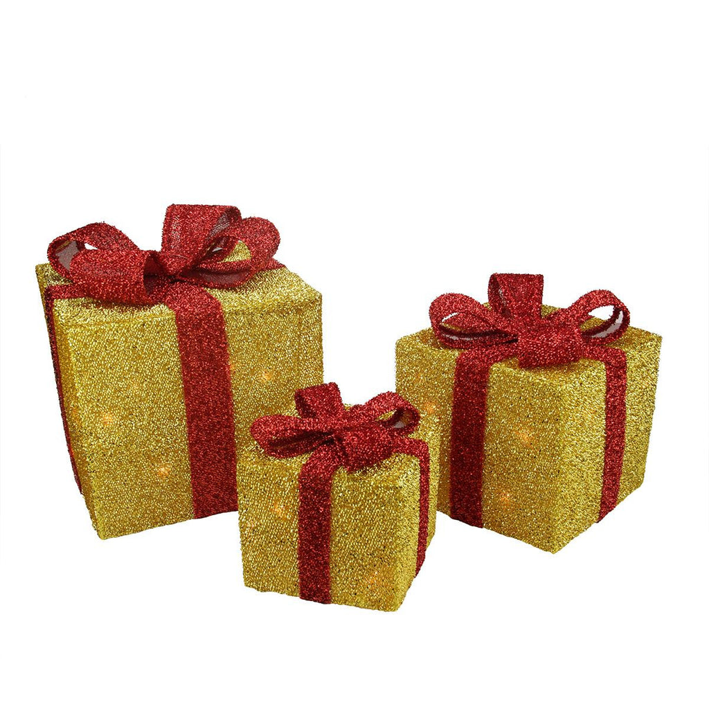 Set of 3 Gold Tinsel Gift Boxes with Red Bows Lighted Christmas Yard Art Decorations