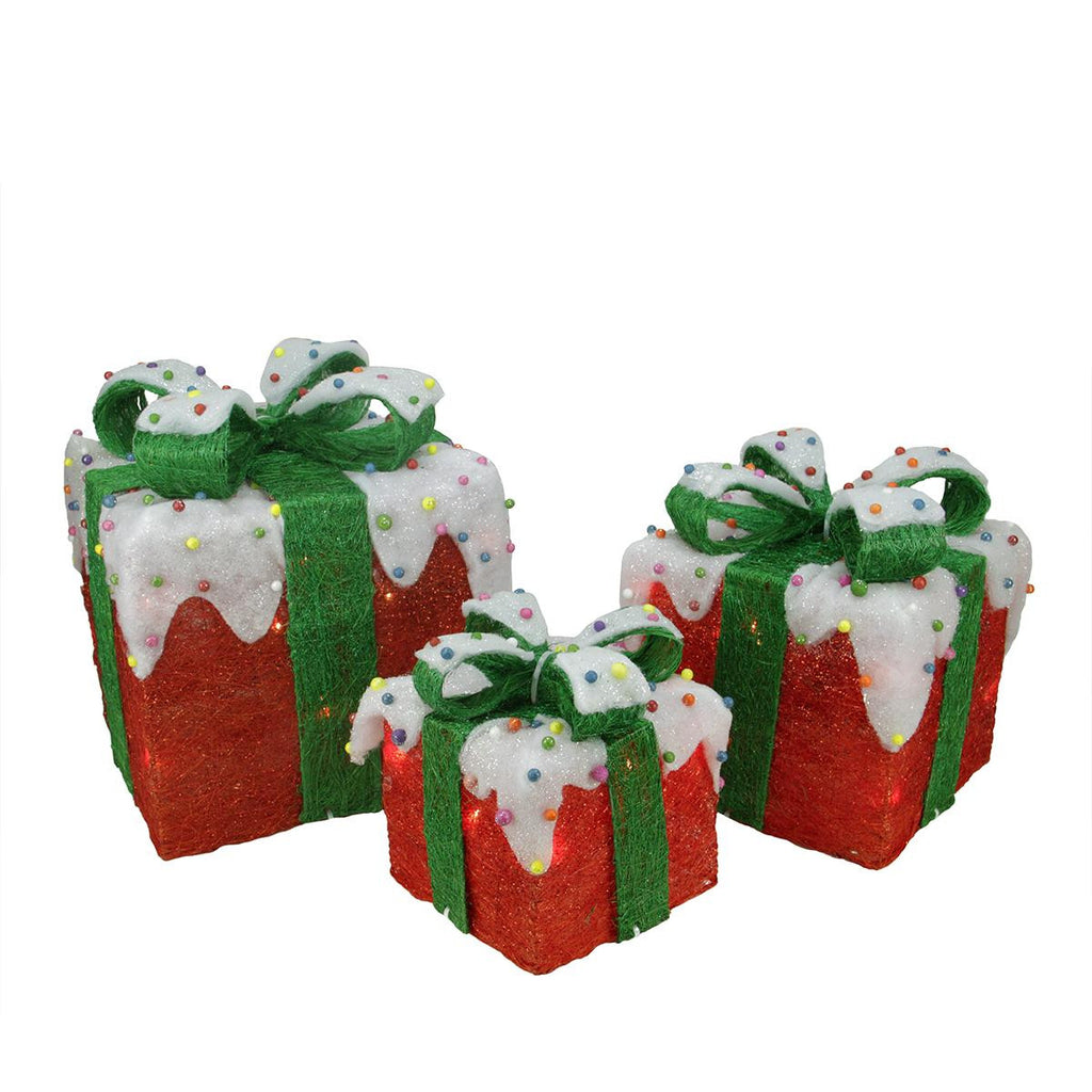 Set of 3 Sparkling Red Snow Covered Sisal Gift Boxes Lighted Christmas Yard Art Decorations