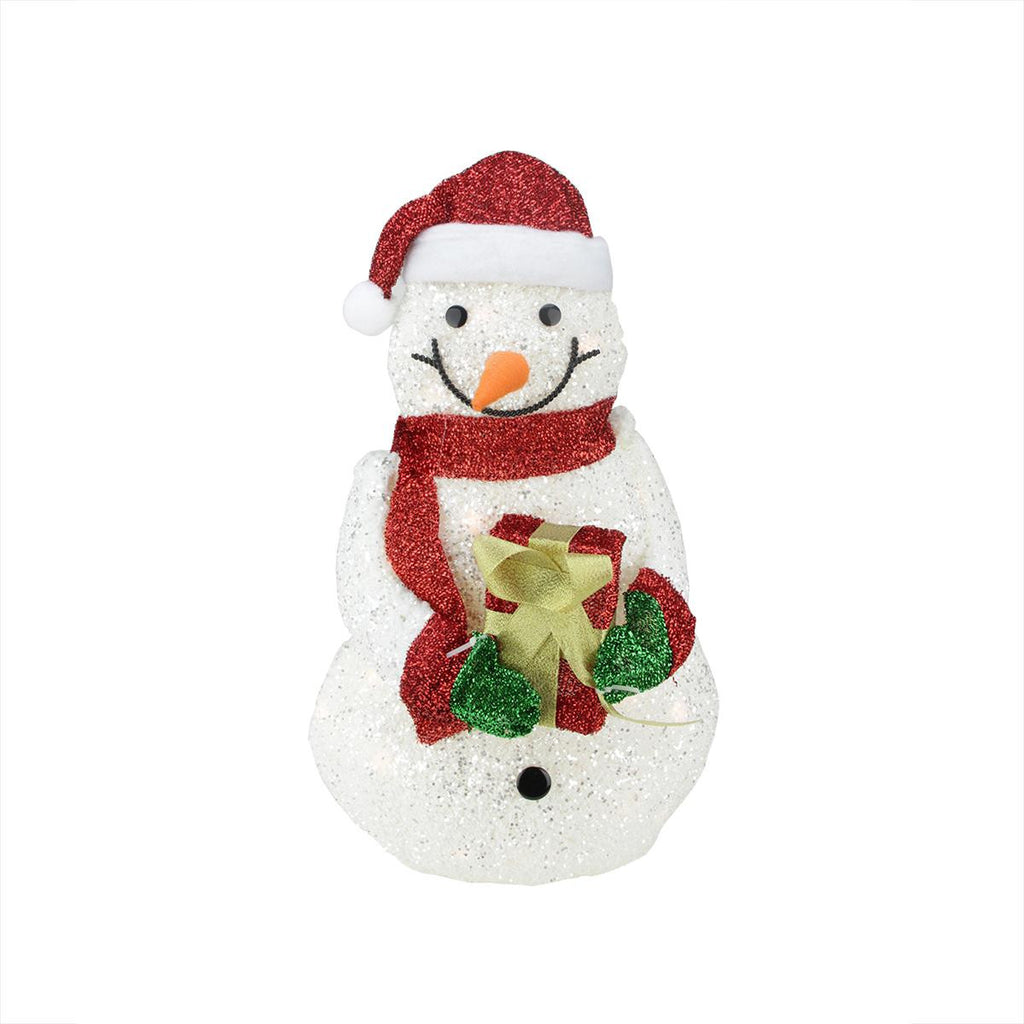 23" Lighted White Plush Glittered Snowman with Tinsel Gift Christmas Yard Art Decoration