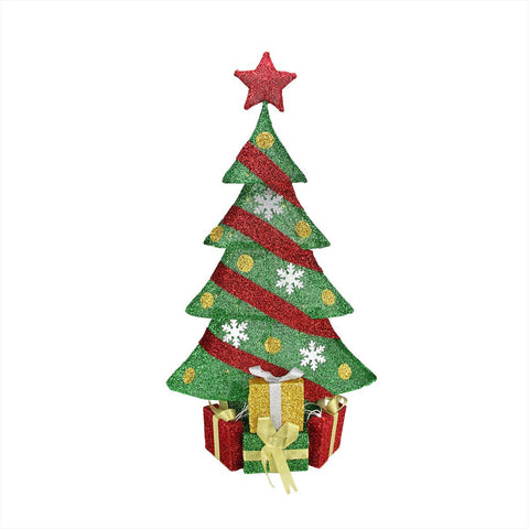 39" Lighted Green and Red Tinsel Decorated Christmas Tree with Gifts Yard Art Decoration