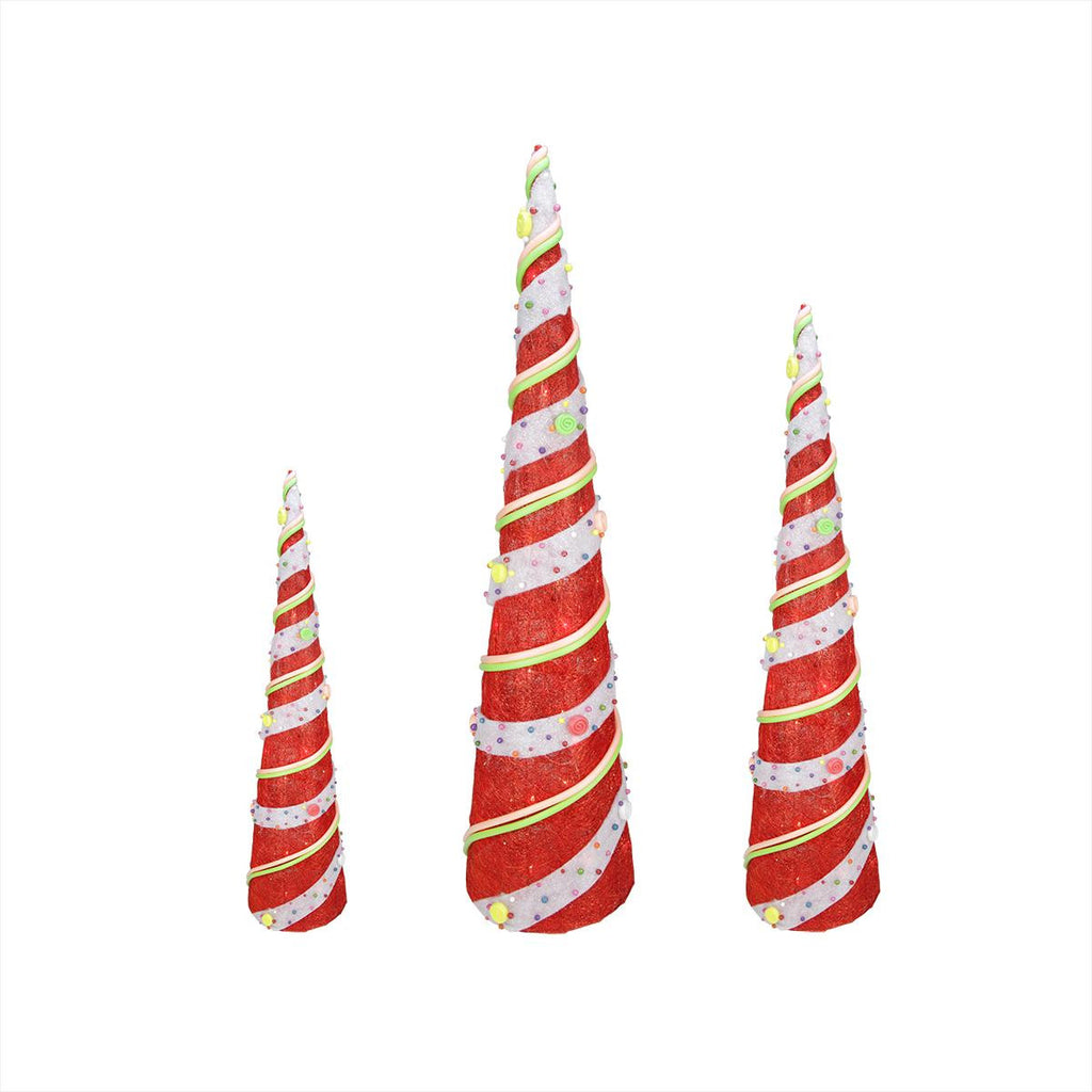 Set of 3 Sparkling Red Sisal Candy Covered Cone Tree Lighted Christmas Yard Art Decorations