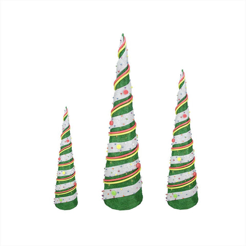 Set of 3 Sparkling Green Sisal Candy Covered Cone Tree Lighted Christmas Yard Art Decorations