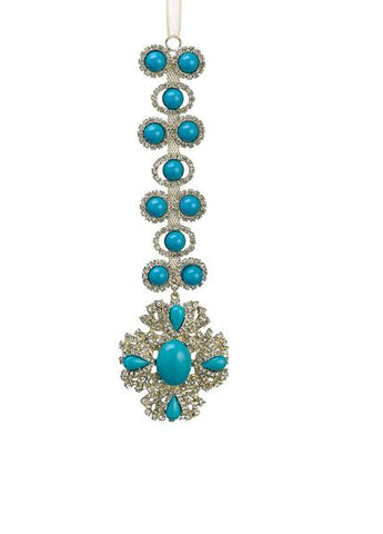 7.5" Exquisite Turquoise and Gold Rhinestone Drenched Drop Christmas Ornament