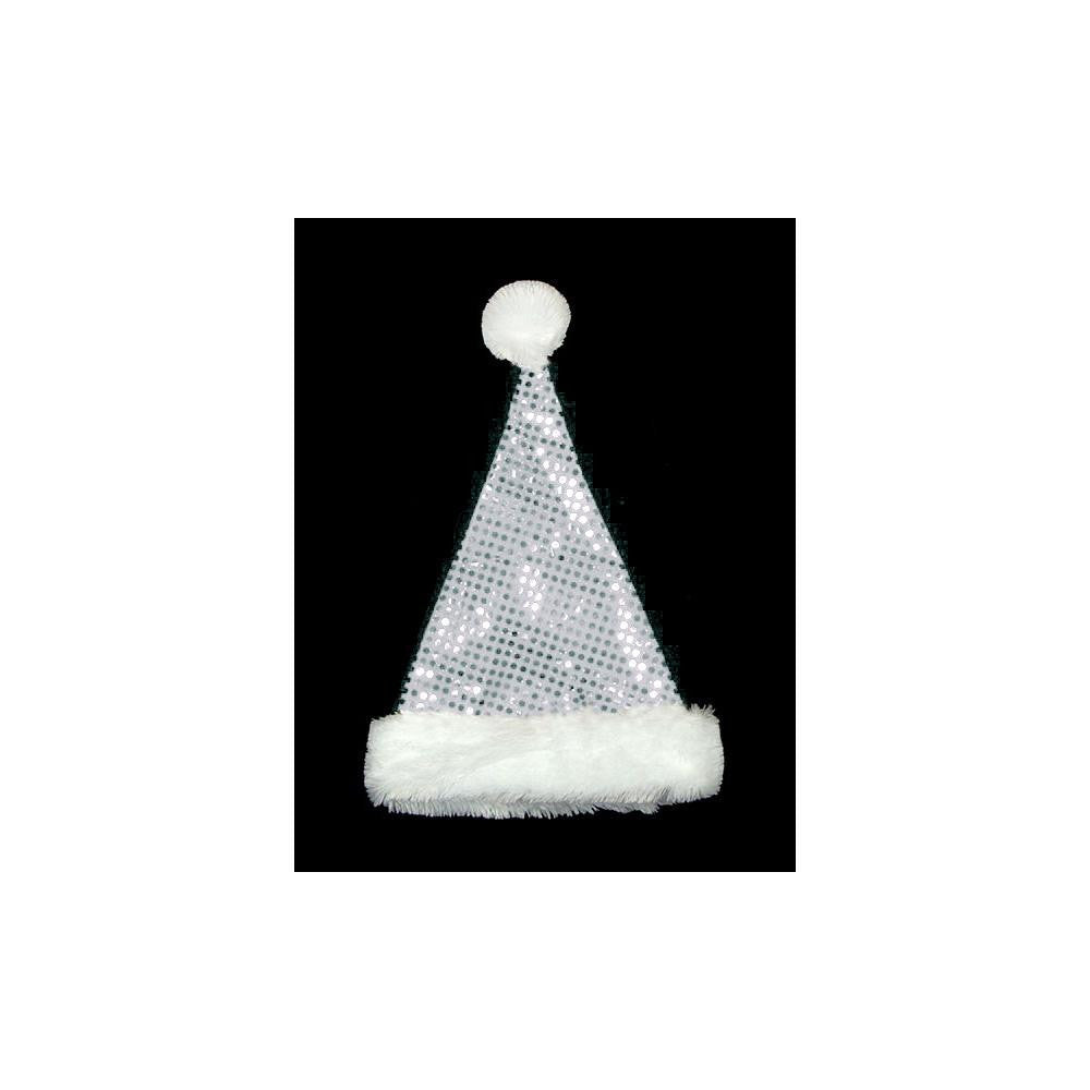 19" Sparkling Silver and White Metallic Sequin Glitter Christmas Santa Hat - Adult Size