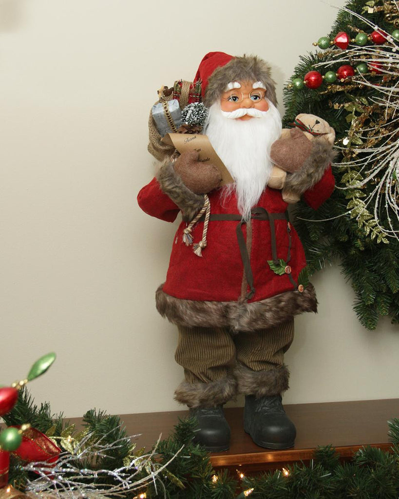 24" Luxurious Standing Santa Claus Christmas Figure in Red Holly Berry Coat with Corduroy Pants