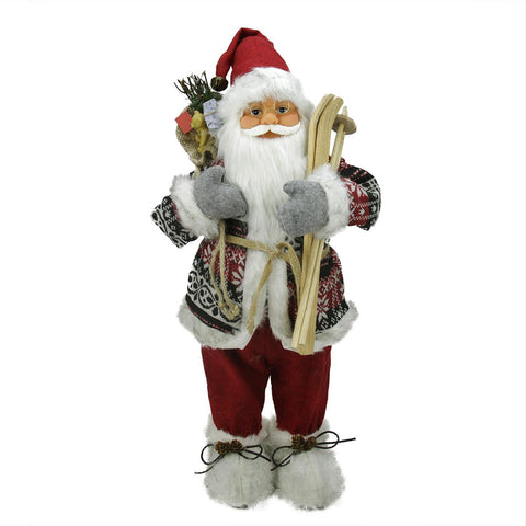 24" Nordic Skiing Standing Santa Claus Christmas Figure with Burlap Gift Bag