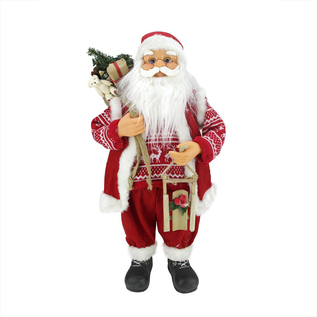 24" Country Twist Standing Santa Claus Christmas Figure with Snow Sled and Gift Bag