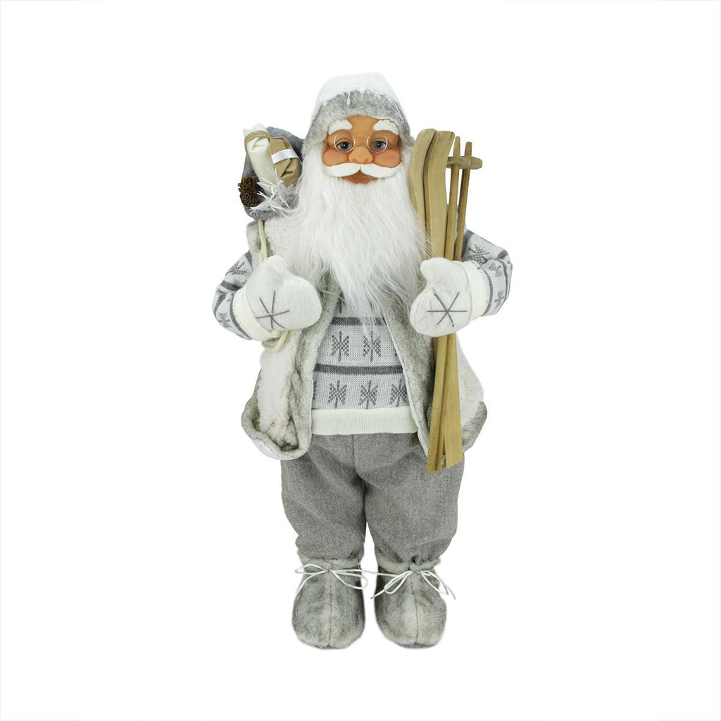 24" Classic Skiing Pure White and Gray Standing Santa Claus Christmas Figure