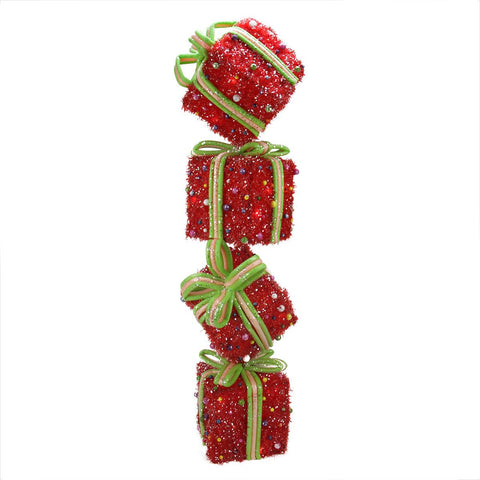 34" Lighted Sparkling Red Tinsel Candy Gift Box Tower Christmas Yard Art Decoration