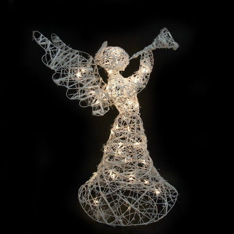 38.5" Lighted White Glittered Rattan Trumpeting Angel Christmas Yard Art Decoration